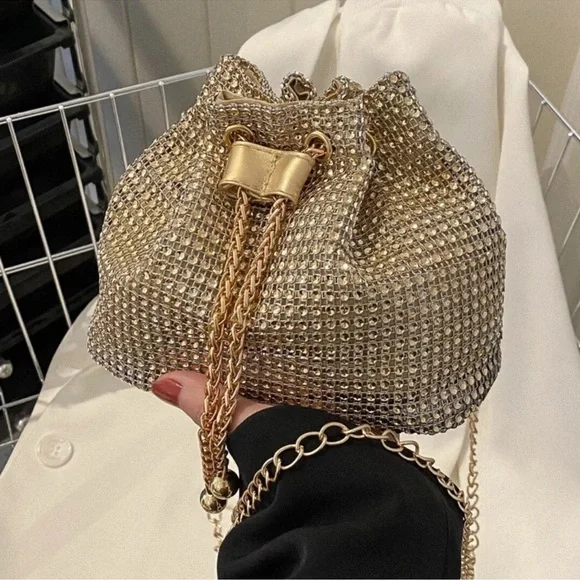 Luxe Textured Chain Handle Bucket Evening Party Formal Shoulder Crossbody - Picture 4 of 5